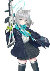 Rule 34 | 1girl, absurdres, animal ear fluff, animal ears, assault rifle, bag, black thighhighs, blazer, blue archive, blue bag, blue eyes, blue jacket, blue scarf, cross hair ornament, gloves, green gloves, grey hair, grey skirt, gun, hair ornament, halo, highres, holding, holding gun, holding weapon, jacket, kazukingu, light blush, long sleeves, medium hair, mismatched pupils, open clothes, open jacket, plaid, plaid skirt, pleated skirt, rifle, scarf, school bag, shiroko (blue archive), shirt, shirt tucked in, sig sauer 556, simple background, skindentation, skirt, solo, striped clothes, striped scarf, thighhighs, weapon, white background, white shirt, wolf ears