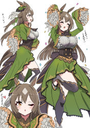 Rule 34 | 1girl, :d, ;o, ^ ^, absurdres, animal ears, arms up, black thighhighs, blush, boots, braid, breasts, brown hair, center frills, closed eyes, commentary request, cropped jacket, frills, green jacket, green ribbon, green skirt, hair ribbon, half updo, highres, horse ears, horse girl, horse tail, jacket, large breasts, long hair, long sleeves, multiple views, one eye closed, open clothes, open jacket, open mouth, parted lips, pizzasi, ponytail, profile, ribbon, satono diamond (umamusume), shirt, simple background, skirt, sleeves past fingers, sleeves past wrists, smile, standing, standing on one leg, tail, thighhighs, umamusume, very long hair, white background, white footwear, white shirt