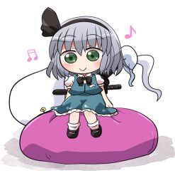 Rule 34 | 1girl, beamed sixteenth notes, black footwear, black hairband, black ribbon, blouse, blush, closed mouth, collared shirt, eighth note, green eyes, green skirt, green vest, hair between eyes, hair ribbon, hairband, konpaku youmu, konpaku youmu (ghost), musical note, puffy short sleeves, puffy sleeves, ribbon, rokugou daisuke, shirt, shoes, short hair, short sleeves, signature, simple background, skirt, smile, socks, solo, touhou, vest, white background, white hair, white shirt, white socks