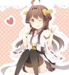 Rule 34 | 10s, 1girl, blue eyes, brown hair, hairband, harusawa, heart, kantai collection, kongou (kancolle), long hair, nontraditional miko, one eye closed, smile, solo, tongue, tongue out