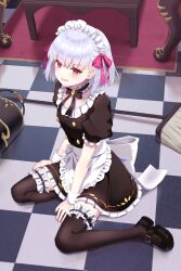 Rule 34 | 1girl, absurdres, apron, black dress, black footwear, black ribbon, black thighhighs, blush, broom, bucket, commentary request, detached collar, dress, fate/grand order, fate/grand order arcade, fate (series), fingernails, frilled dress, frilled thighhighs, frills, hair ribbon, highres, indoors, kama (fate), kama (mistake) (fate), looking at viewer, lucky ckm, maid, maid headdress, neck ribbon, on floor, open mouth, pink nails, pink ribbon, puffy short sleeves, puffy sleeves, red eyes, ribbon, shoes, short hair, short sleeves, sitting, smile, solo, thighhighs, waist apron, white apron, white hair, wrist cuffs