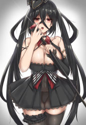 Rule 34 | 1girl, a re, ahoge, azur lane, bare shoulders, black choker, black dress, black hair, black panties, black sleeves, black thighhighs, blush, breasts, choker, cleavage, collarbone, commentary, covered navel, cowboy shot, crossed bangs, detached sleeves, dress, glint, hair between eyes, hair ornament, highres, holding, holding microphone stand, idol, large breasts, long hair, looking at viewer, microphone stand, nail polish, official alternate costume, open mouth, panties, pink nails, red eyes, see-through, simple background, single detached sleeve, sleeveless, sleeveless dress, solo, standing, taihou (azur lane), taihou (muse) (azur lane), teeth, thigh gap, thigh strap, thighhighs, twintails, underwear, upper teeth only, very long hair, white background, zettai ryouiki