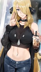 Rule 34 | 1girl, bare shoulders, black collar, black shirt, blonde hair, breasts, cleavage, closed mouth, collar, commentary, cowboy shot, creatures (company), crop top, cup, cynthia (pokemon), denim, disposable cup, female focus, game freak, grey eyes, hair ornament, hair over one eye, hand up, hews, highres, holding, holding cup, jeans, large breasts, long hair, long sleeves, midriff, navel, navel piercing, nintendo, one eye covered, pants, piercing, pokemon, pokemon dppt, shirt, single bare shoulder, smile, solo, straight hair, very long hair, waving