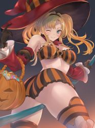 Rule 34 | 1girl, absurdres, ass, blonde hair, blue eyes, blush, breasts, gloves, granblue fantasy, hair ornament, halloween, halloween bucket, halloween costume, happy halloween, hat, highres, jack-o&#039;-lantern, long hair, looking at viewer, open mouth, polearm, pumpkin, renzu (lens 02), shorts, simple background, smile, solo, spear, thighhighs, twintails, weapon, witch hat, zeta (granblue fantasy)