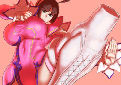 Rule 34 | 1girl, bad id, bad pixiv id, boots, breasts, brown eyes, brown hair, capcom, chun-li, commentary, company connection, cosplay, cross-laced footwear, crossover, dress, fighting stance, gold trim, huge breasts, june lin milliam, june lin milliam (cosplay), lace-up boots, latenu, leg up, legs, pink thighhighs, short dress, simple background, smile, solo, star gladiator, street fighter, thigh boots, thighhighs, thighs, twintails, upper body, white footwear