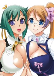 Rule 34 | 10s, 2girls, aquarion (series), aquarion evol, asymmetrical docking, blue eyes, bow, breast press, breasts, brown hair, cleavage, cleavage cutout, clothing cutout, green hair, hair bow, holding hands, huge breasts, long hair, mix (aquarion), multicolored hair, multiple girls, purple eyes, purple hair, short hair, side ponytail, simple background, smile, two-tone hair, unagimaru, white background, zessica wong