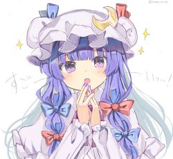 Rule 34 | 1girl, blue bow, blue ribbon, blush, bow, bowtie, capelet, crescent, crescent hat ornament, double bun, dress, fingernails, frills, hair bow, hair bun, hands up, hat, hat ornament, hat ribbon, highres, long fingernails, long hair, long sleeves, looking at viewer, mob cap, nail polish, open mouth, own hands together, patchouli knowledge, pink eyes, puffy long sleeves, puffy sleeves, purple bow, purple bowtie, purple capelet, purple dress, purple hair, purple hat, purple nails, ramudia (lamyun), red bow, red ribbon, ribbon, simple background, solo, star (symbol), touhou, upper body, white background
