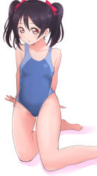 Rule 34 | 10s, 1girl, absurdres, aqua background, artist name, artist request, bare legs, bare shoulders, barefoot, black hair, blush, bow, breasts, collarbone, competition school swimsuit, feet, female focus, hair bow, hair ornament, hair scrunchie, highres, kneeling, looking at viewer, love live!, love live! school idol festival, love live! school idol project, one-piece swimsuit, parted lips, red eyes, red scrunchie, school swimsuit, scrunchie, short hair, sitting, small breasts, smile, solo, swimsuit, twintails, wariza, wewe, white background, yazawa nico