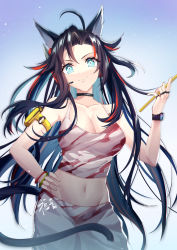 Rule 34 | 1girl, ahoge, animal ears, arknights, armband, black choker, black hair, blaze (arknights), blaze (burst feline) (arknights), blue background, blue eyes, breasts, camisole, cat ears, cat tail, choker, cleavage, commentary, cowboy shot, crop top, drumsticks, gogatsu fukuin, groin, hand on own hip, hand up, highres, holding, long hair, looking at viewer, medium breasts, messy hair, midriff, multicolored hair, navel, official alternate costume, red hair, smile, solo, spaghetti strap, standing, stomach, streaked hair, tail, very long hair, watch, wristwatch