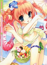 Rule 34 | 1girl, absurdres, barefoot, bikini, blush, braid, character request, female focus, food, front-tie top, fruit, green eyes, highres, holster, innertube, looking at viewer, orange hair, sarong, solo, source request, striped bikini, striped clothes, swim ring, swimsuit, thigh holster, tongue, twin braids, water gun, youta