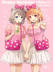Rule 34 | 2girls, animal ears, artist name, artist request, bag, bare legs, bare shoulders, blush, bow, braid, breasts, brown hair, collarbone, cup, dress, drinking straw, drinking straw in mouth, fake animal ears, female focus, frilled dress, frills, grey hair, hair bow, heart (symbol), highres, holding, holding cup, light brown hair, looking at viewer, love live!, love live! sunshine!!, miniskirt, multiple girls, nail, nail polish, orange hair, own hands together, parted lips, pink background, pink dress, pink nails, plaid, plaid dress, plaid skirt, pleated, pleated dress, pleated skirt, polka dot, polka dot bow, polka dot dress, puffy short sleeves, puffy sleeves, red bow, red eyes, sakurai makoto (custom size), short hair, short sleeves, shoulder bag, side braid, skirt, smile, takami chika, v, watanabe you, white skirt