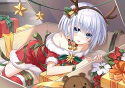 1girl bare_shoulders bell blue_eyes christmas date_a_live date_a_live:_spirit_pledge flower game_cg gift indoors jingle_bell looking_at_viewer official_art open_mouth santa_costume short_hair solo stuffed_animal stuffed_toy teddy_bear third-party_source tobiichi_origami white_hair