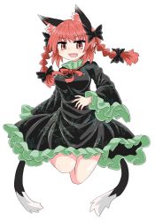 Rule 34 | 1girl, animal ears, black bow, black dress, black tail, bow, braid, breasts, cat ears, cat tail, chups, dress, extra ears, fang, fingernails, frilled dress, frilled sleeves, frills, full body, hair bow, highres, jumping, kaenbyou rin, legs up, long fingernails, long sleeves, looking at viewer, medium hair, multiple tails, nail polish, open mouth, red eyes, red hair, red nails, red neckwear, simple background, solo, tail, touhou, twin braids, two tails, white background, wide sleeves