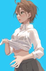 Rule 34 | 1girl, black bra, blue background, blush, bra, bra visible through clothes, breasts, brown hair, earrings, emu (emum), from side, green eyes, grey skirt, hands up, highres, idolmaster, idolmaster cinderella girls, idolmaster cinderella girls starlight stage, jewelry, kimura natsuki, looking at another, medium breasts, midriff, midriff peek, navel, open mouth, pleated skirt, purple nails, school uniform, see-through, shirt, shirt hold, short hair, simple background, skirt, sleeves rolled up, solo, teeth, underwear, upper teeth only, water drop, wet, wet clothes, wet hair, wet shirt, white shirt