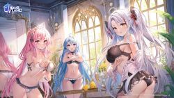 Rule 34 | 3girls, ahoge, ass, auro drm, azur lane, bird, blue hair, blush, bra, breasts, character request, choker, cleavage, collarbone, commentary request, copyright name, covering privates, covering breasts, day, flower, frills, hair ornament, hairband, hairclip, helena (azur lane), highres, indoors, light particles, logo, long hair, looking at viewer, manjuu (azur lane), medium breasts, mirror, multicolored hair, multiple girls, navel, off shoulder, official art, open mouth, panties, perseus (azur lane), pink hair, prinz eugen (azur lane), prinz eugen (unfading smile) (azur lane), purple eyes, red eyes, red hair, reflection, see-through, skirt, smile, stomach, sunlight, table, thighs, tongue, tongue out, two-tone hair, underwear, white hair, wide sleeves, window