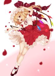Rule 34 | 1girl, :d, adapted costume, bad id, bad pixiv id, ballerina, blonde hair, blurry, bow, center frills, clothes lift, crystal, fang, flandre scarlet, flat chest, frilled skirt, frills, full body, gem, gotou (nekocat), gradient background, hat, hat bow, hat ribbon, high-waist skirt, highres, legs, long hair, mob cap, neck ribbon, one side up, open mouth, outstretched arms, petals, pointy ears, puffy short sleeves, puffy sleeves, red bow, red eyes, red footwear, red ribbon, red skirt, ribbon, shirt, shoes, short sleeves, simple background, skirt, skirt lift, smile, socks, solo, sparkle, touhou, upskirt, white hat, white shirt, white socks, wings
