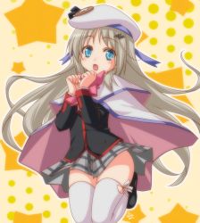 Rule 34 | 1girl, :o, blue eyes, blush, bow, capelet, hair ornament, hat, legs up, little busters!, long hair, looking at viewer, md5 mismatch, noumi kudryavka, pink bow, plaid, plaid skirt, school uniform, silver hair, skirt, solo, star (symbol), thighhighs, umyonge (lkakeu), white thighhighs
