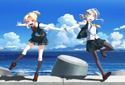 Rule 34 | 2girls, asymmetrical hair, black socks, blonde hair, blouse, blue eyes, blue sky, brown footwear, cloud, day, flipped hair, full body, gloves, grey eyes, kantai collection, kneehighs, leaning forward, loafers, looking at viewer, maikaze (kancolle), multiple girls, neck ribbon, necktie, nowaki (kancolle), open mouth, outdoors, outstretched arms, pantyhose, parted bangs, pleated skirt, ponytail, red ribbon, ribbon, school uniform, scrunchie, shirt, shoes, short ponytail, silver hair, skirt, sky, socks, standing, standing on one leg, swept bangs, takuzui, tetrapod, vest, wavy mouth, white gloves, white shirt, yellow neckwear