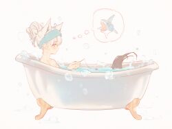 Rule 34 | 1girl, absurdres, ahoge, animal ears, bathing, bathtub, blue eyes, blush, breasts, claw foot bathtub, commentary, creatures (company), fishing rod, fox ears, fox girl, fox tail, from side, game freak, gen 3 pokemon, highres, holding, holding fishing rod, hololive, hyde (tabakko), medium breasts, nintendo, partially submerged, pokemon, pokemon (creature), profile, sharpedo, shirakami fubuki, short ponytail, simple background, soap bubbles, solo, spoken character, symbol-only commentary, tail, towel, towel on head, virtual youtuber, water, white background, white hair