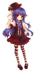 Rule 34 | 1girl, blue hair, frills, garter belt, hat, hinanawi tenshi, kirero, long hair, solo, striped clothes, striped thighhighs, thighhighs, touhou