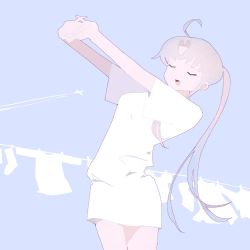 Rule 34 | 1girl, ahoge, aircraft, airplane, akitsushima (kancolle), bad id, bad twitter id, blue background, closed eyes, clothesline, hageshii nakano, hair between eyes, kantai collection, laundry, open mouth, outstretched hand, shirt, side ponytail, silver hair, simple background, skirt, solo, stretching, white shirt, white skirt, white theme