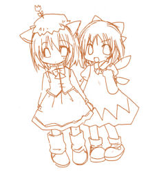 Rule 34 | &gt;:d, 2girls, :d, animal ears, bow, bow bra, bra, brown theme, cat ears, cat girl, chen, cirno, female focus, flower ornament, futami yayoi, hair bow, hat, lowres, monochrome, multiple girls, open mouth, shoes, short hair, skirt, smile, socks, touhou, underwear, v-shaped eyebrows, wings