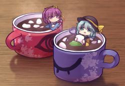 Rule 34 | 2girls, black headwear, blue shirt, closed mouth, coffee mug, crossed arms, cup, floral print, green eyes, green hair, green skirt, hair between eyes, hat, hat ribbon, heart, heart of string, holding, in container, in cup, komeiji koishi, komeiji satori, long sleeves, looking at viewer, mini person, minigirl, mug, multiple girls, on table, open mouth, partially submerged, pink eyes, pink hair, ribbon, rose print, shirt, short hair, skirt, smile, table, third eye, touhou, unime seaflower, yellow ribbon, yellow shirt