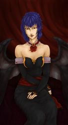 Rule 34 | 1girl, bare shoulders, bat wings, choker, elbow gloves, fingerless gloves, fingernails, gloves, highres, large wings, lips, looking at viewer, nail polish, aged up, purple hair, red eyes, remilia scarlet, sash, sharp fingernails, sitting, touhou, tres-iques, wings