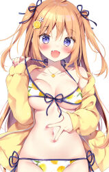 Rule 34 | 1girl, bikini, black ribbon, blush, breasts, collarbone, commentary, fang, front-tie bikini top, front-tie top, hair between eyes, jacket, large breasts, long hair, long sleeves, navel, open clothes, open jacket, open mouth, orange hair, original, pan (mimi), purple eyes, ribbon, side-tie bikini bottom, stomach day, swimsuit