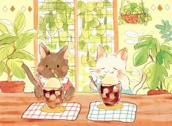 Rule 34 | animal, blush, brown cat, cat, clothed animal, cup, drinking glass, food, indoors, no humans, oniheya 53, original, painting (medium), plant, plate, potted plant, table, traditional media, tray, watercolor (medium), white cat, window