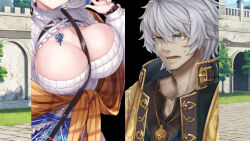 Rule 34 | 1boy, 1girl, breasts, cleavage, dmm, flower, large breasts, minashigo x, open mouth, tagme
