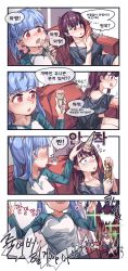 Rule 34 | 2girls, 4koma, :q, absurdres, angry, aningay, bad id, bad twitter id, blue hair, blush, breasts, casual, comic, commander (girls&#039; frontline), contemporary, couch, food, girls&#039; frontline, highres, ice cream, indoors, korean text, large breasts, long hair, multiple girls, popsicle stick, purple hair, raglan sleeves, red eyes, spit take, spitting, tongue, tongue out, translation request, twintails, wa2000 (girls&#039; frontline), wide-eyed