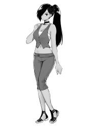 Rule 34 | 1girl, bare arms, bare shoulders, breasts, capri pants, choker, commission, full body, greyscale, hair over one eye, highres, medium breasts, midriff, monochrome, navel, no socks, norman maggot, original, pants, sandals, simple background, solo, standing, vest, white background