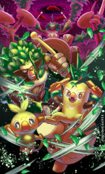 Rule 34 | bright pupils, brown eyes, closed mouth, cloud, commentary request, creatures (company), evolutionary line, falling leaves, fangs, game freak, gen 8 pokemon, gigantamax, gigantamax rillaboom, grin, grookey, highres, holding, holding stick, leaf, looking at viewer, nintendo, open mouth, pokemon, pokemon (creature), purobe, rillaboom, smile, stick, teeth, thwackey, white pupils