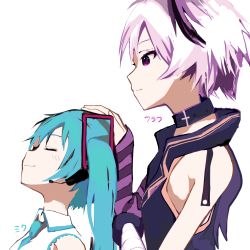 Rule 34 | 2girls, aqua hair, aqua necktie, arm warmers, bandaged arm, bandages, belt collar, blouse, character name, collar, commentary, closed eyes, flower (vocaloid), flower (vocaloid4), from side, hair ornament, hand on another&#039;s head, hatsune miku, headphones, headset, highres, ienu, jacket, leaning back, long hair, looking at another, multicolored hair, multiple girls, necktie, purple eyes, purple hair, purple jacket, shirt, short hair, simple background, single arm warmer, sleeveless, sleeveless jacket, sleeveless shirt, smile, streaked hair, twintails, upper body, vocaloid, white background, white hair, white shirt