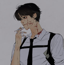 Rule 34 | 1boy, bandaged fingers, bandages, black hair, black necktie, blood, blood on clothes, blood on face, blood on hands, bloody tears, chainsaw man, chest belt, cigarette, collared shirt, didwjddid030, ear piercing, facial scar, grey background, holding, holding cigarette, kishibe (chainsaw man), kishibe (young) (chainsaw man), looking to the side, necktie, piercing, scar, scar on cheek, scar on face, shirt, short hair, simple background, sleeves rolled up, solo, white shirt