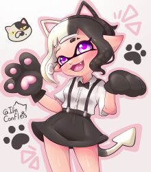 Rule 34 | absurdres, animal ears, animal hands, black hair, bow, bowtie, cat, cat ears, fake animal ears, fang, gloves, highres, imconfleis, inkling, inkling girl, inkling player character, judd (splatoon), multicolored hair, nintendo, open mouth, paw gloves, pointy ears, purple eyes, shirt, short hair, simple background, skirt, splatoon (series), splatoon 1, splatoon 2, splatoon 3, split-color hair, suction cups, tail, tentacle hair, twitter username, white background, white hair, white shirt