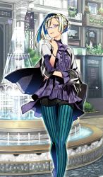 Rule 34 | 1girl, alternate costume, alternate hairstyle, bag, bespectacled, black shorts, blonde hair, blouse, blue hair, blue pantyhose, bracelet, brynhildr (fate), brynhildr (traveling outfit) (fate), craft essence (fate), fate/grand order, fate (series), fountain, glasses, hair up, handbag, heroic spirit traveling outfit, jacket, jewelry, leggings, leggings under shorts, looking at viewer, miwa shirow, multicolored hair, official art, open clothes, open jacket, pantyhose, purple eyes, purple shirt, semi-rimless eyewear, shirt, shorts, solo, striped clothes, striped pantyhose, two-tone hair, under-rim eyewear, vertical-striped clothes, vertical-striped pantyhose, white jacket