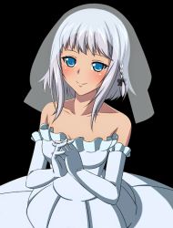 Rule 34 | 10s, 1girl, blue eyes, blush, breasts, bridal veil, cleavage, collarbone, dress, elbow gloves, gloves, interlocked fingers, kanase kanon, medium breasts, short hair with long locks, sidelocks, silver hair, sleeveless, sleeveless dress, smile, solo, standing, strapless, strapless dress, strike the blood, transparent background, upper body, veil, wedding dress, white dress, white gloves