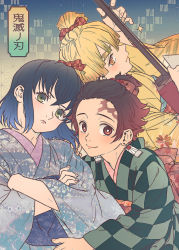 Rule 34 | 3boys, agatsuma zenitsu, alternate costume, biwa lute, blonde hair, blue hair, blue kimono, blue sash, blush, bright pupils, brown eyes, brown hair, checkered clothes, checkered kimono, closed mouth, commentary request, crossed arms, earrings, expressionless, fingernails, floral print, forehead tattoo, green eyes, hair ribbon, haori, hashibira inosuke, highres, instrument, japanese clothes, jewelry, kamado tanjirou, kimetsu no yaiba, kimono, kyusui polymer, lips, lipstick, long sleeves, looking at viewer, lute (instrument), makeup, multicolored hair, multiple boys, music, obi, playing instrument, print kimono, ribbon, sash, smile, sparkle, translation request, two-tone hair, two side up, white pupils, yellow eyes, yellow kimono
