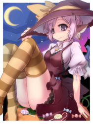Rule 34 | 1girl, animal ears, candy, candy cane, crescent moon, earrings, female focus, food, hat, hat ribbon, highres, hoop earrings, jewelry, lollipop, moon, mystia lorelei, pink hair, ribbon, short hair, single earring, sitting, smile, solo, striped clothes, striped thighhighs, swirl lollipop, thighhighs, touhou, wings, witch hat, you naka