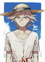 Rule 34 | 1boy, absurdres, arms at sides, blue sky, border, collarbone, commentary request, danganronpa (series), danganronpa 2: goodbye despair, day, green eyes, grey eyes, grey hair, hair between eyes, hat, highres, komaeda nagito, looking at viewer, male focus, postal mark (tsu qq), print shirt, shirt, short hair, short sleeves, sky, solo, straw hat, sun hat, sweat, translation request, upper body, white border, white hair, white shirt