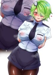Rule 34 | 1girl, black neckwear, blue skirt, blush, breast pocket, breasts, collared shirt, covered erect nipples, cowboy shot, eyepatch, gloves, green hair, hair intakes, hair over one eye, hands on own chest, hands up, heart, large breasts, looking at viewer, mother13fucker, necktie, no bra, otonashi kiruko, parted lips, pocket, police, police uniform, red eyes, shinmai fukei kiruko-san, shirt, short hair, short sleeves, simple background, skirt, smile, steaming body, swept bangs, thigh gap, thighs, uniform, white background, white gloves, zoom layer