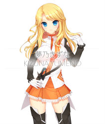 Rule 34 | 1girl, blonde hair, blue eyes, character name, culture japan, gloves, hair flip, hand on own hip, impossible clothes, shirahane nao, skirt, solo, thighhighs, white background, white gloves, yumeno kizuna, zettai ryouiki
