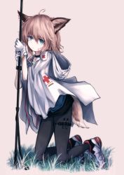Rule 34 | 1girl, animal ears, arknights, black pantyhose, blue eyes, brown hair, cloak, cross, expressionless, fox ears, fox tail, full body, gloves, highres, hood, hooded cloak, infection monitor (arknights), kneeling, lit ter, material growth, md5 mismatch, oripathy lesion (arknights), pantyhose, red cross, resolution mismatch, shoes, short hair, sneakers, source larger, staff, sussurro (arknights), tail