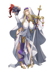 Rule 34 | 10s, 1girl, baschyf, blonde hair, breasts, cape, covered erect nipples, dress, full body, goblin slayer!, headdress, helmet, high heels, highres, hip vent, holding, holding helmet, holding sword, holding weapon, jewelry, large breasts, leaning forward, legs, long hair, long sleeves, necklace, parted lips, pelvic curtain, solo, standing, sword, sword maiden, weapon, white background, white cape, white dress, yellow eyes