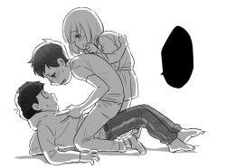 Rule 34 | 1girl, 2boys, bisexual male, blush, boy on top, extra, eye contact, glasses, glasses boy (osomatsu-san), grabbing, group sex, hand on another&#039;s back, kayoko (panchlora), looking at another, matsuno ichimatsu, mmf threesome, multiple boys, open mouth, osomatsu-san, short-haired girl (osomatsu-san), short hair, smile, sweatdrop, threesome, white background, wide-eyed