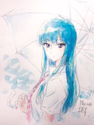 Rule 34 | 1girl, blue hair, closed mouth, collared shirt, color ink (medium), commentary request, cropped torso, dated, diagonal-striped clothes, diagonal-striped necktie, fingernails, from side, hair over shoulder, highres, holding, holding umbrella, koi wa ameagari no you ni, light smile, long hair, looking at viewer, looking to the side, necktie, nii manabu, purple eyes, red necktie, school uniform, shirt, short sleeves, signature, solo, split mouth, striped clothes, striped necktie, tachibana akira, traditional media, transparent, transparent umbrella, tsurime, umbrella, upper body, white background, white shirt