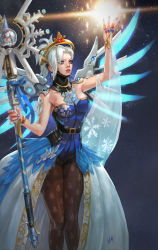 Rule 34 | 1girl, absurdres, alternate costume, alternate hair color, belt, blue dress, blue eyes, blue nails, blue wings, breasts, brown pantyhose, cowboy shot, dress, earrings, fingernails, glowing, glowing wings, halo, hand up, headgear, highres, holding, holding staff, holding weapon, jewelry, legs together, long fingernails, mechanical halo, mechanical wings, medium breasts, mercy (overwatch), nail polish, open mouth, overwatch, overwatch 1, pantyhose, ponytail, print pantyhose, ring, shaonav, showgirl skirt, signature, silver hair, skirt, snowflake print, solo, spread wings, staff, strapless, strapless dress, swiss flag, thigh gap, thigh strap, turtleneck, weapon, wings