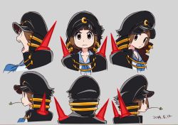 Rule 34 | 1girl, black cape, blue sailor collar, blunt bangs, brown eyes, brown hair, cape, closed mouth, commentary request, dated, frown, grey background, hat, highres, kill la kill, leaf, looking at viewer, looking to the side, mankanshoku mako, mouth hold, multiple views, official art, open mouth, peaked cap, sailor collar, school uniform, serafuku, shirt, short hair, simple background, sushio, white shirt